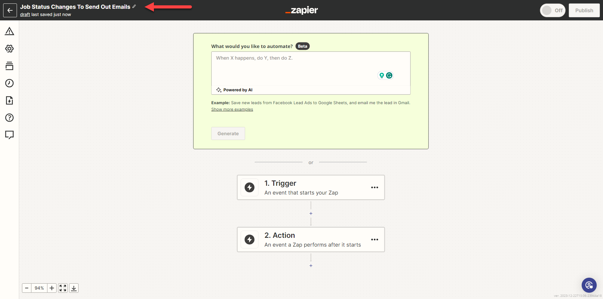 Name the Zap at the top of the editor