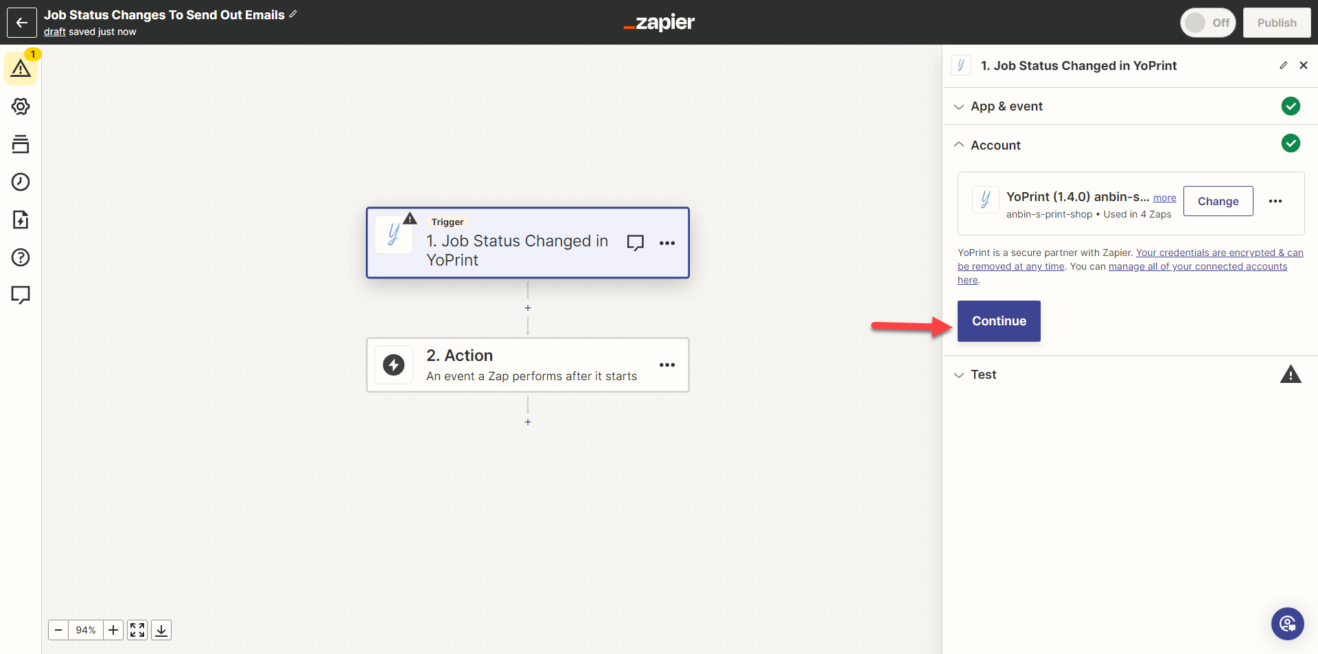 Continue with the connected YoPrint account
