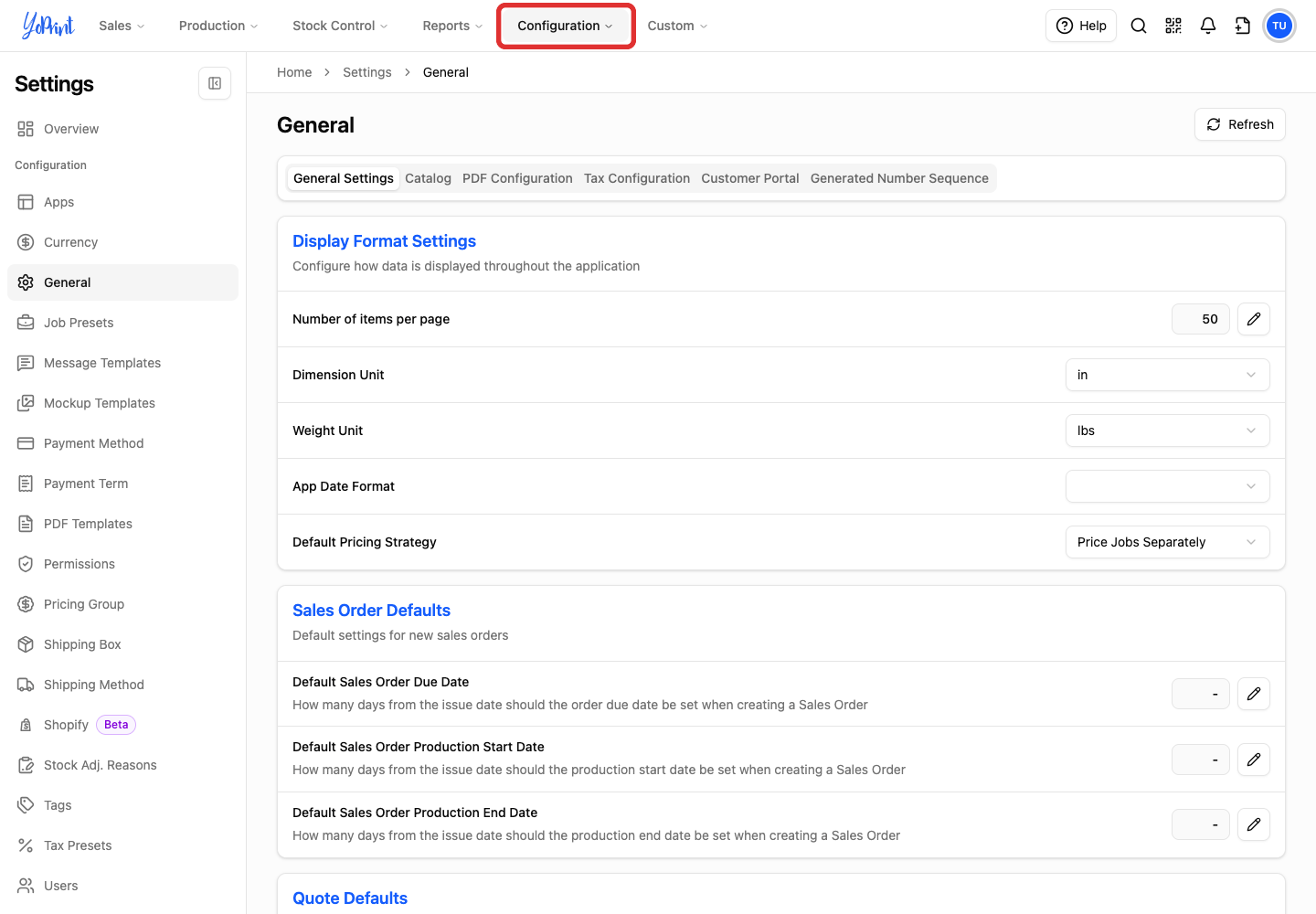 Configuration in the top navigation