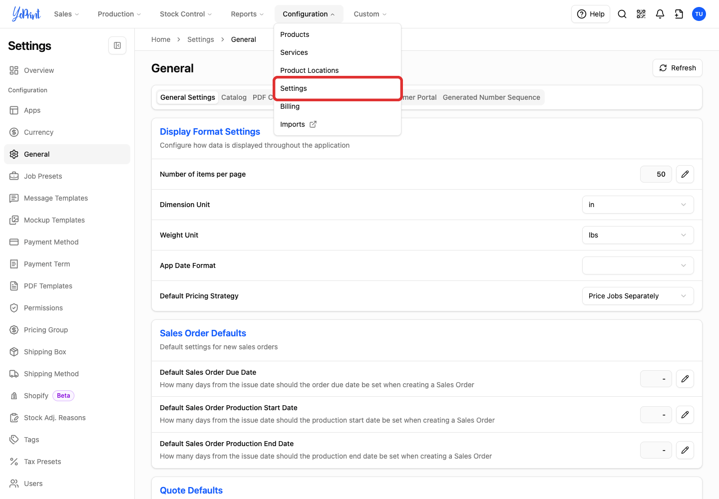 Settings in the open Configuration menu