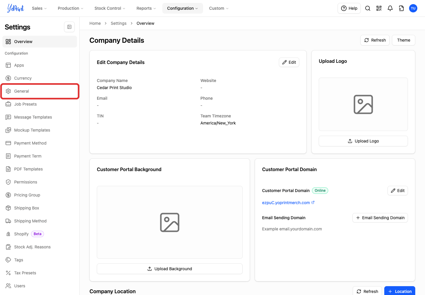 General in the Settings sidebar
