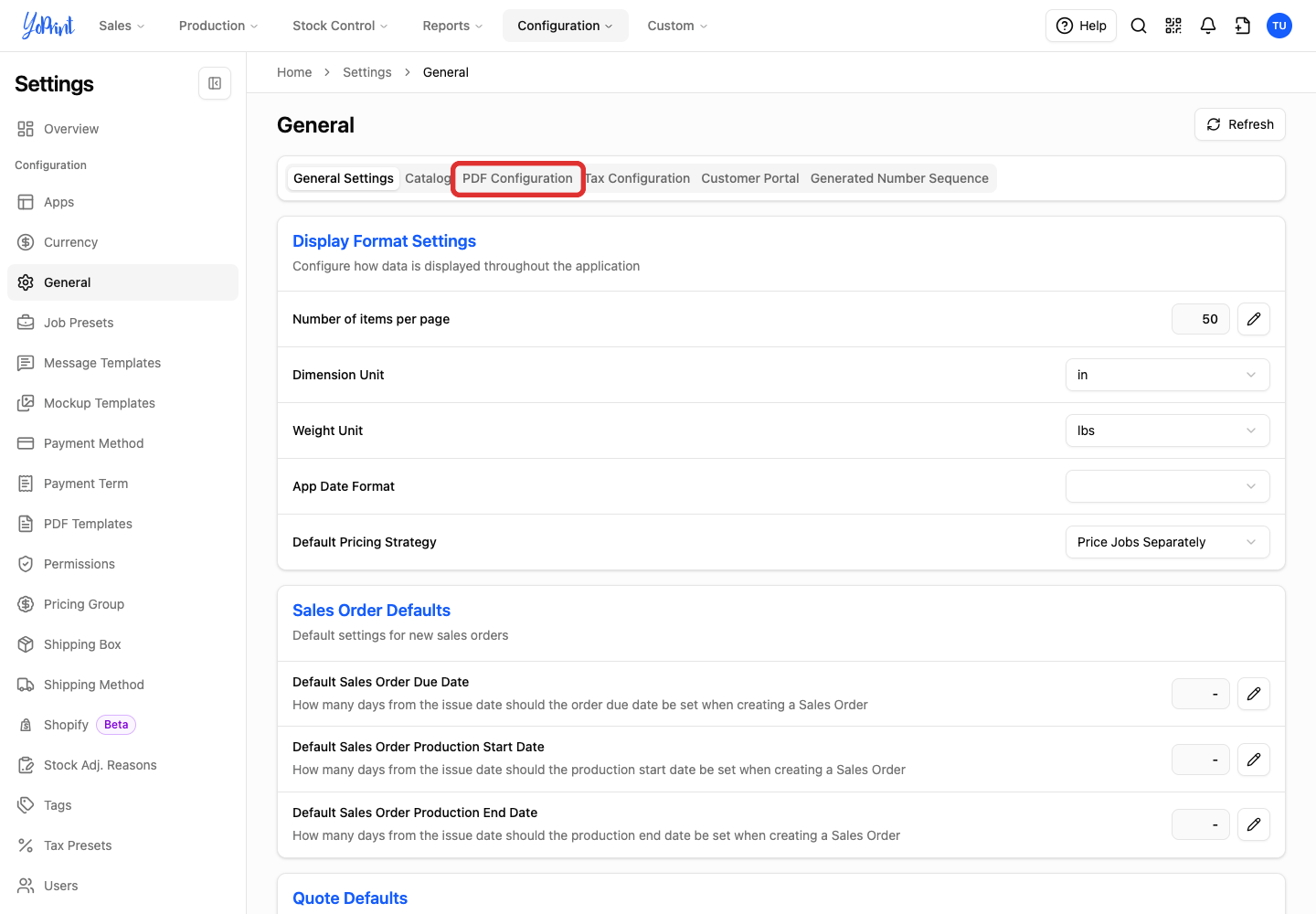PDF Configuration tab in General settings