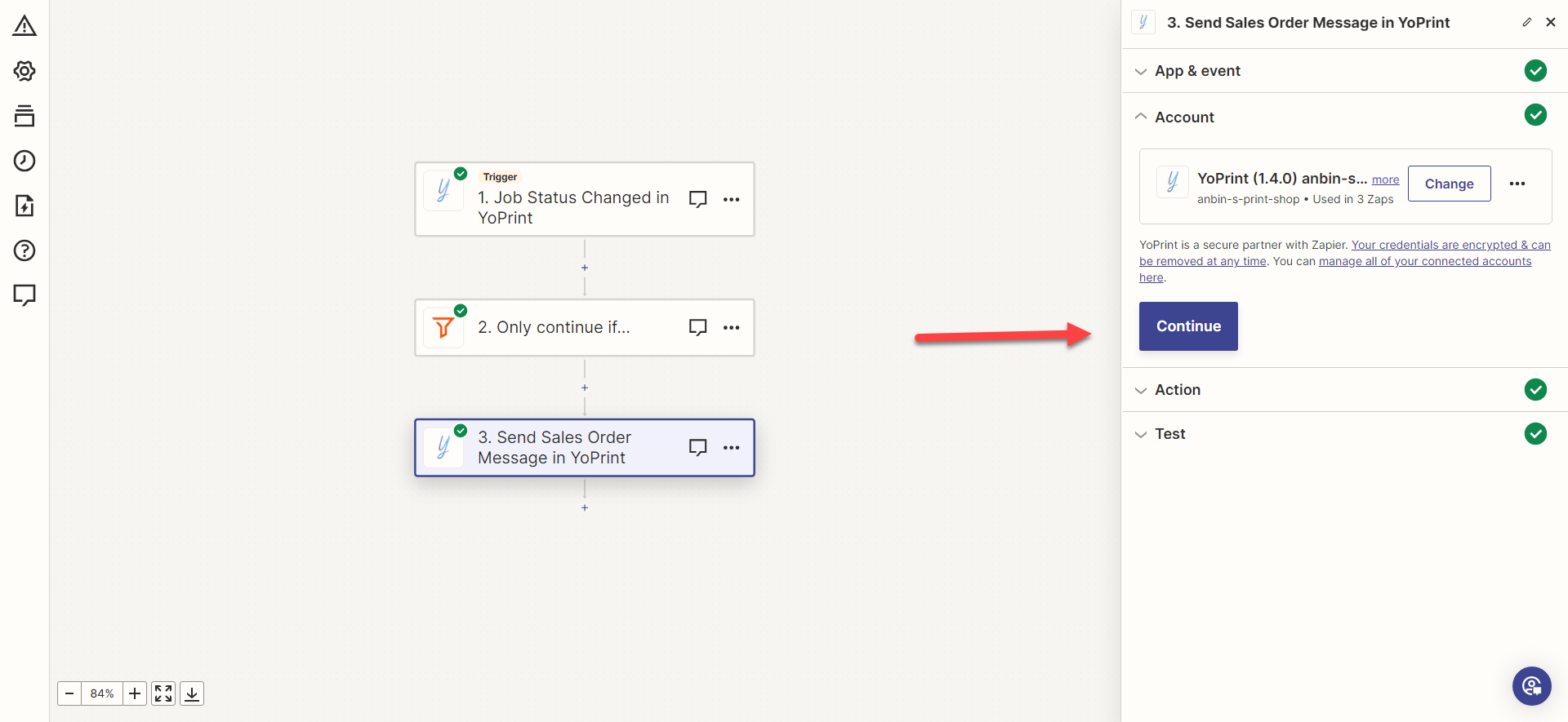 Select the connected YoPrint account for the action