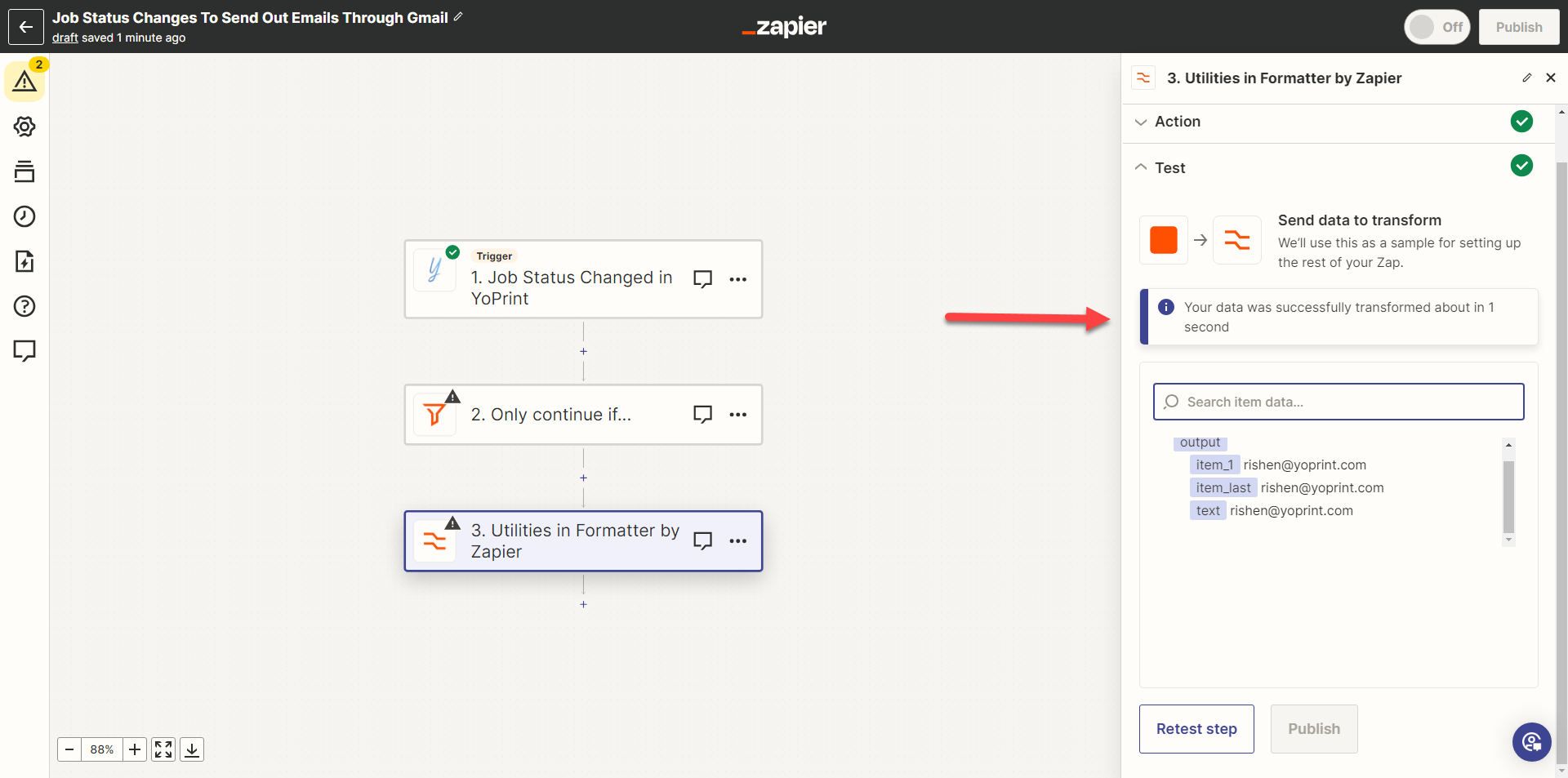 Review the transformed email addresses