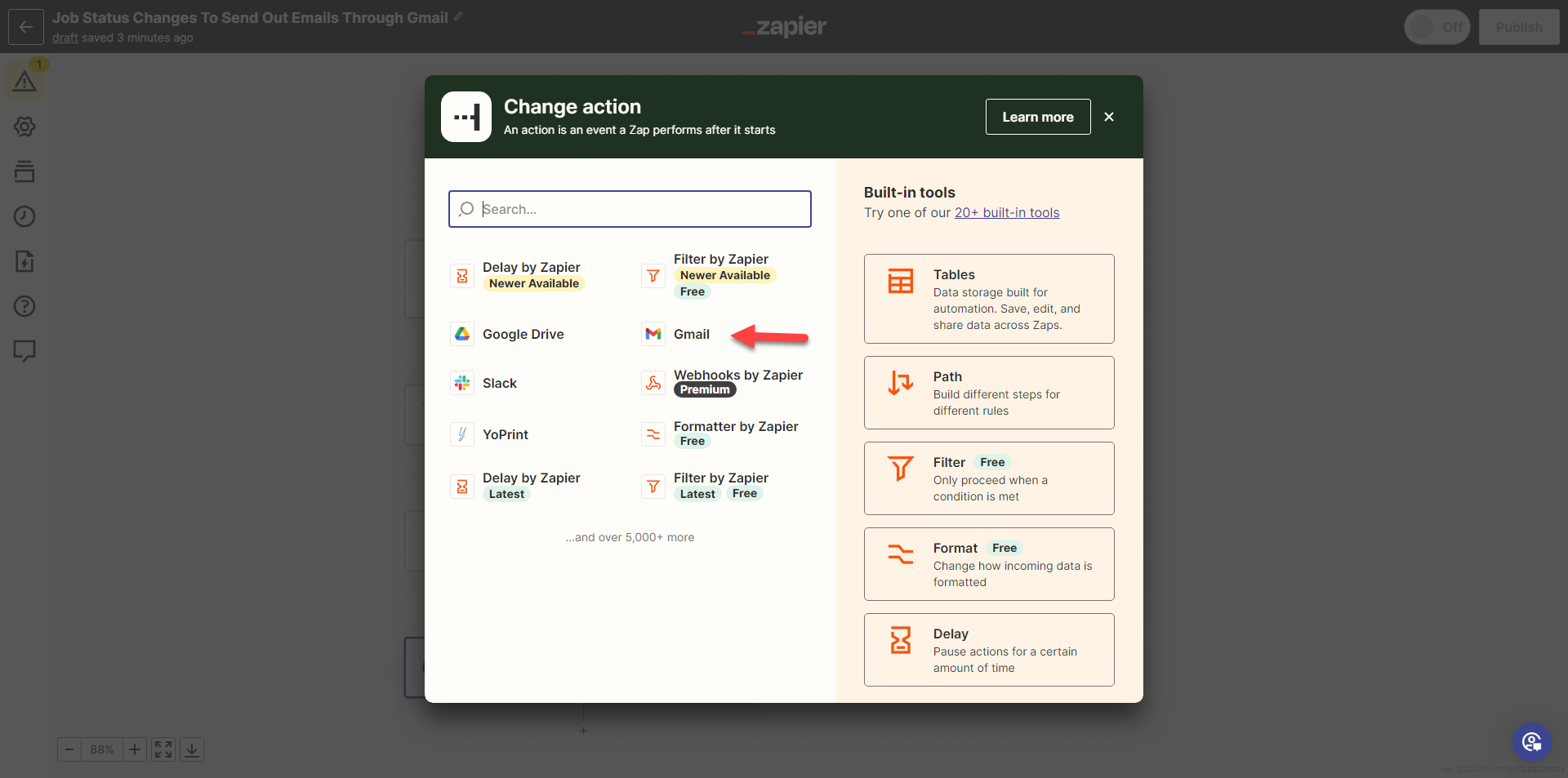 Choose Gmail as the next action