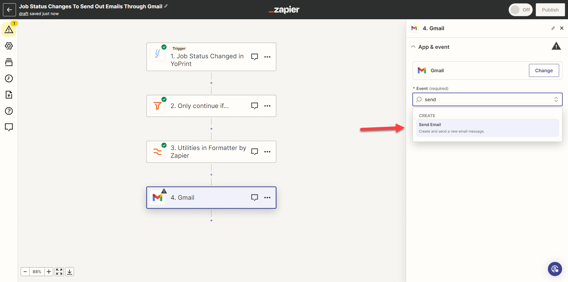 Choose the Gmail Send Email event