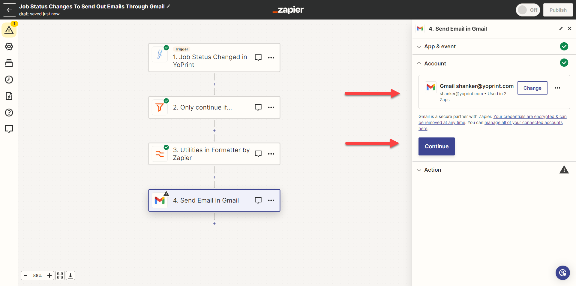 Select the connected Gmail account