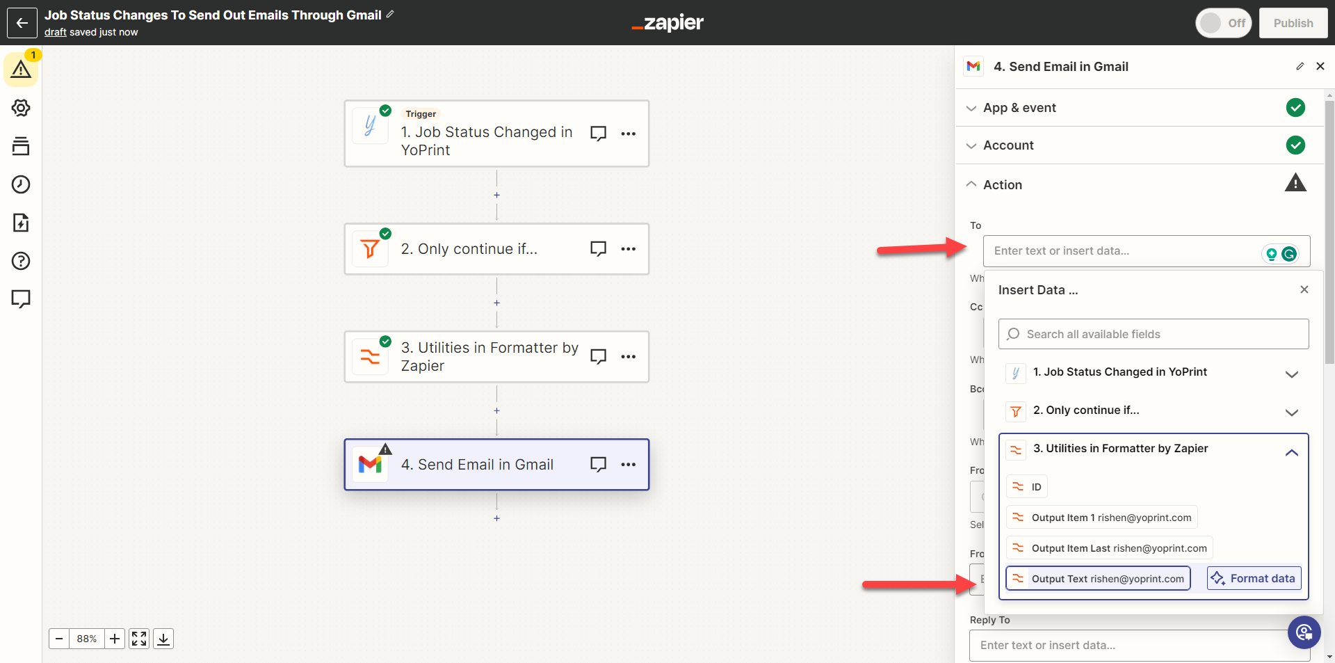 Use the Formatter Output Text in the Gmail To field
