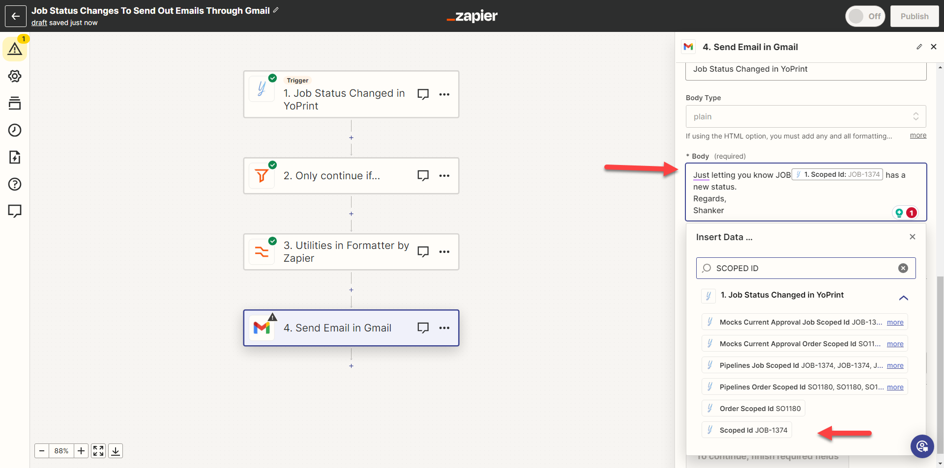 Write the email and insert job details from the trigger