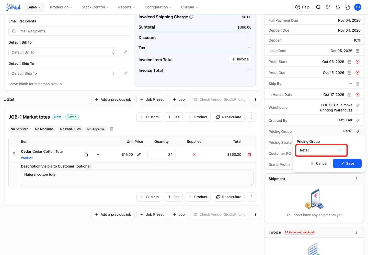 Pricing Group dropdown showing Retail