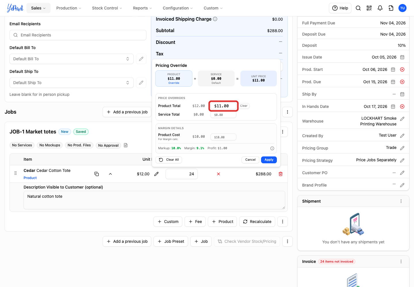 Product Total set to 11 dollars in Pricing Override