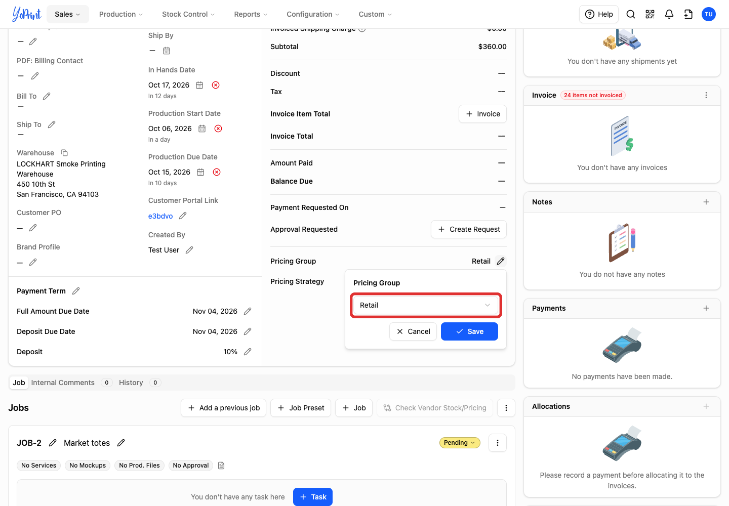 Pricing Group dropdown on the published quote