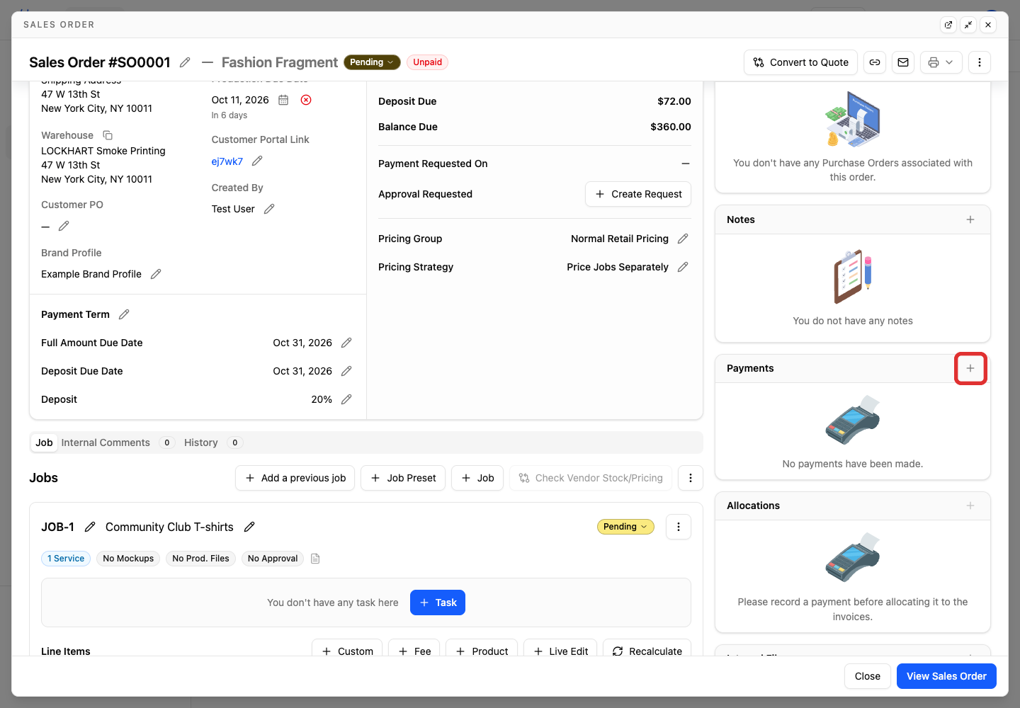 The plus button in the Payments sidebar of SO0001