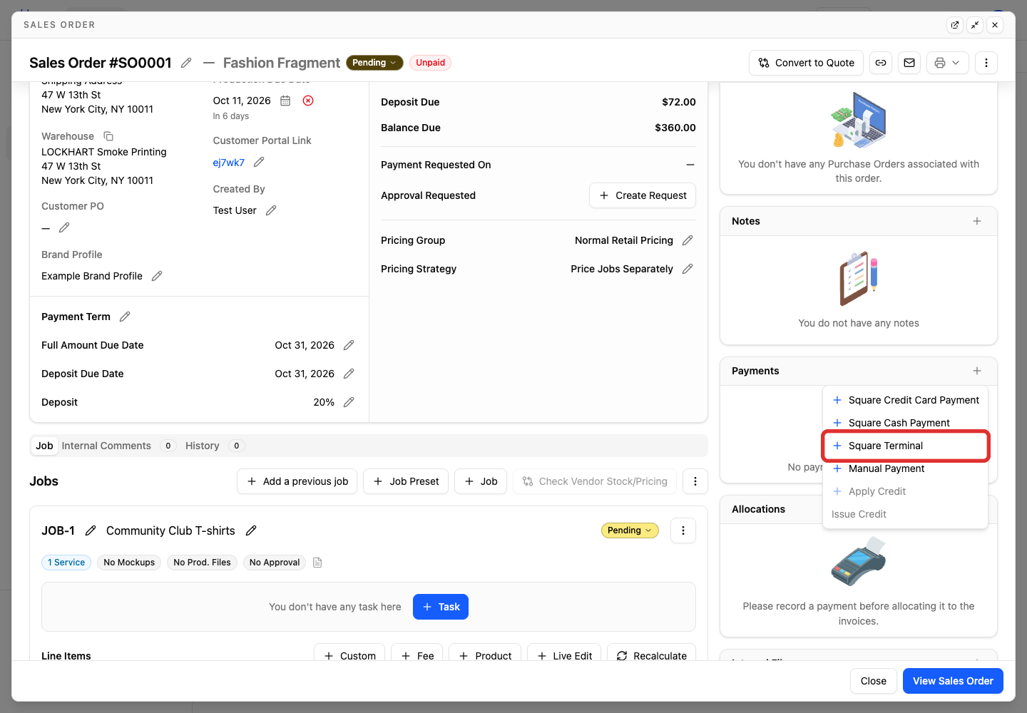 Square Terminal in the Payments menu