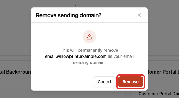 Remove sending domain confirmation with Remove highlighted