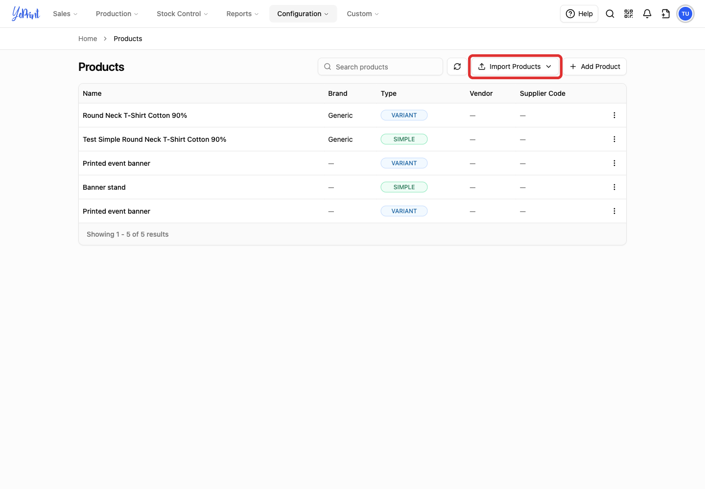 Import Products on the Products page