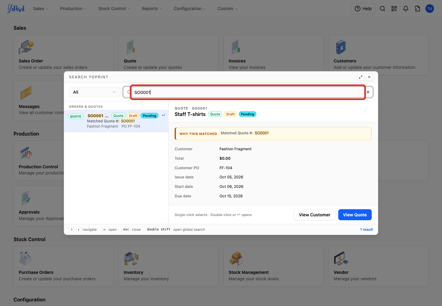 Searching All record types for quote SO0001