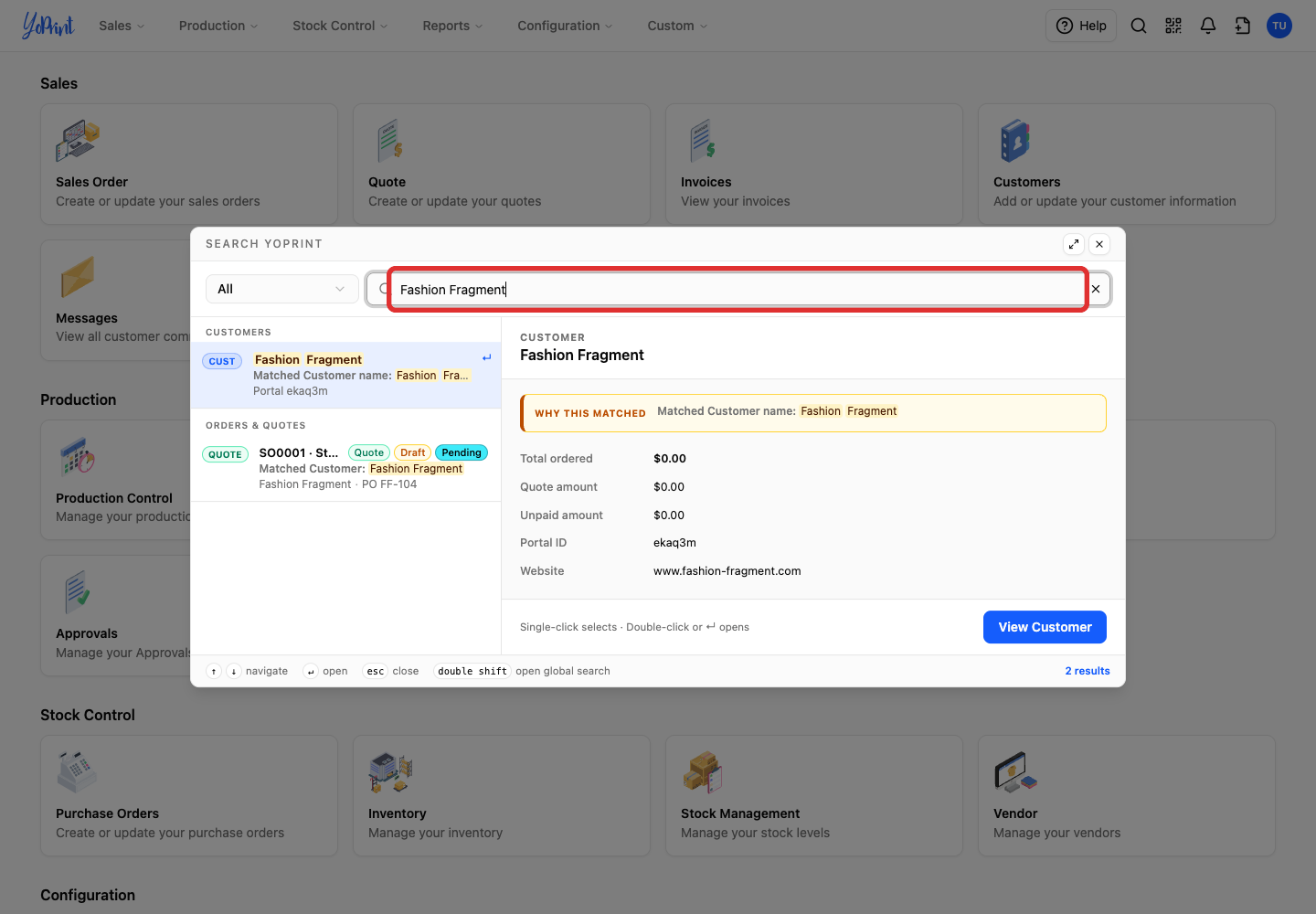 Customer-name search showing the customer and its quote
