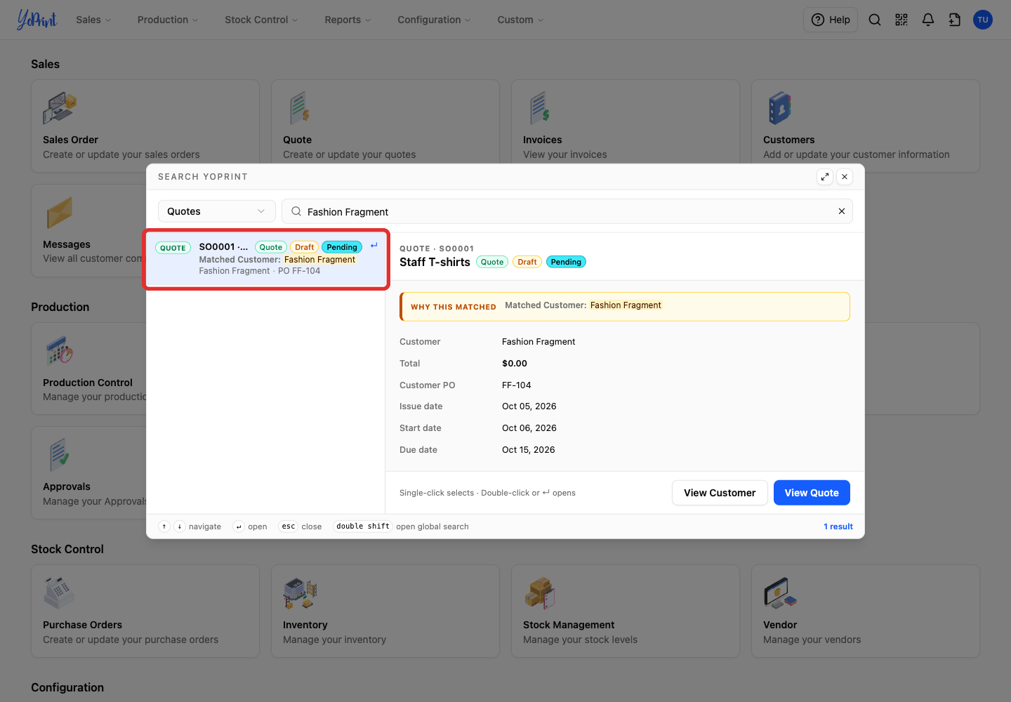 The quote result selected for a customer-name match