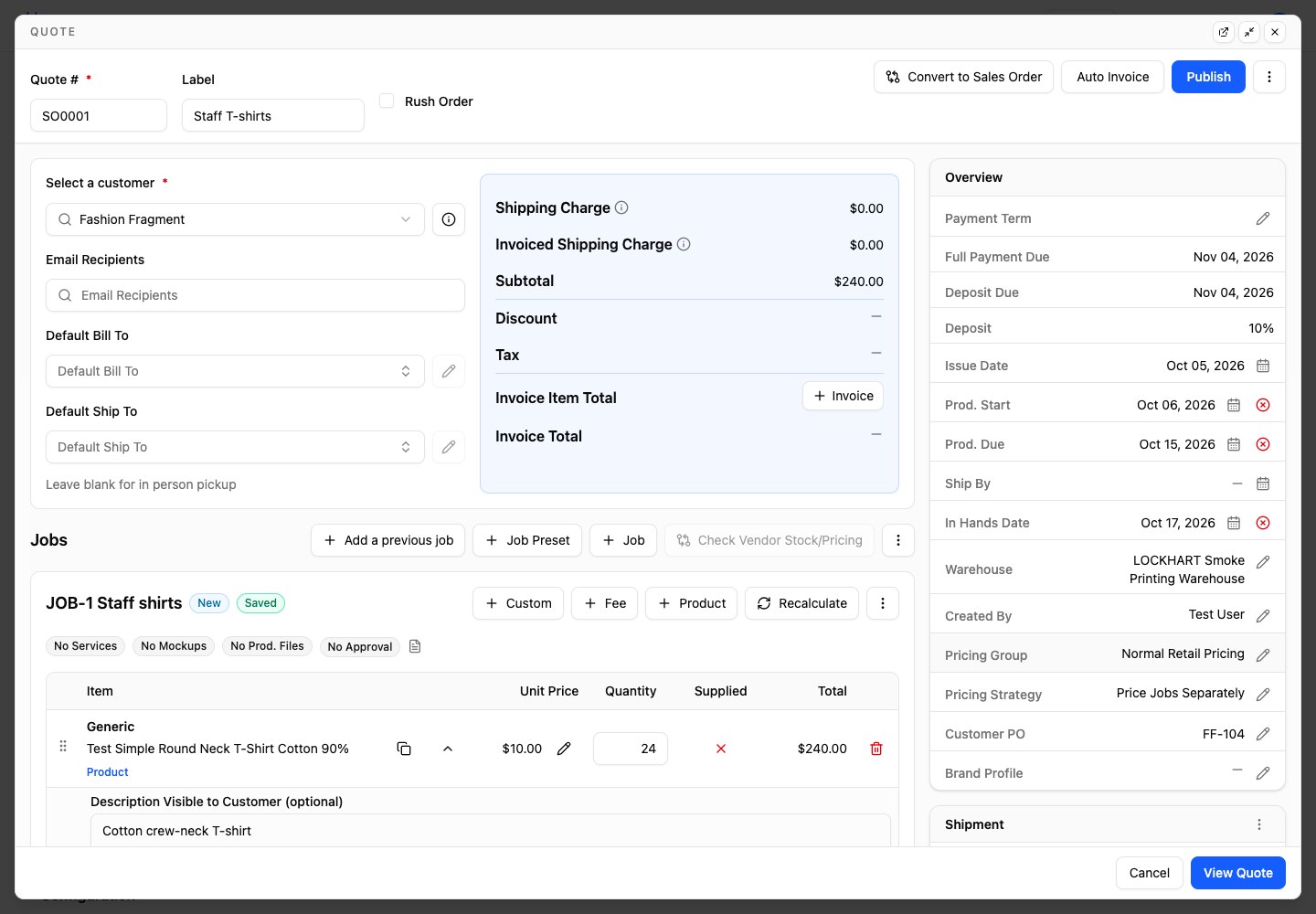 Quote SO0001 for Fashion Fragment open in a preview window