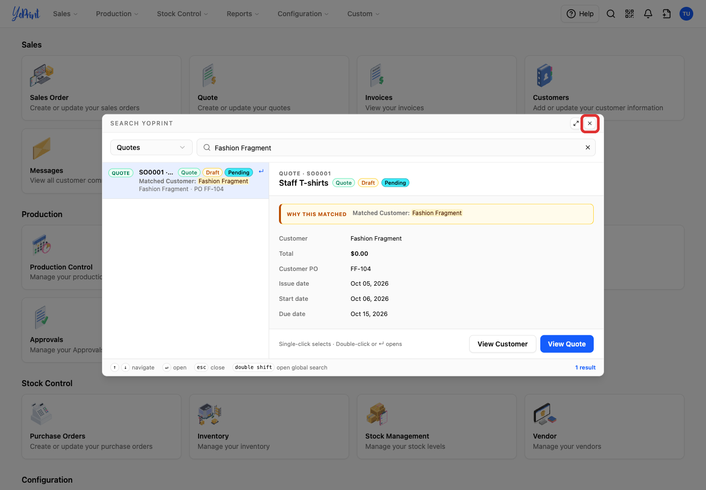 The close button on Search YoPrint