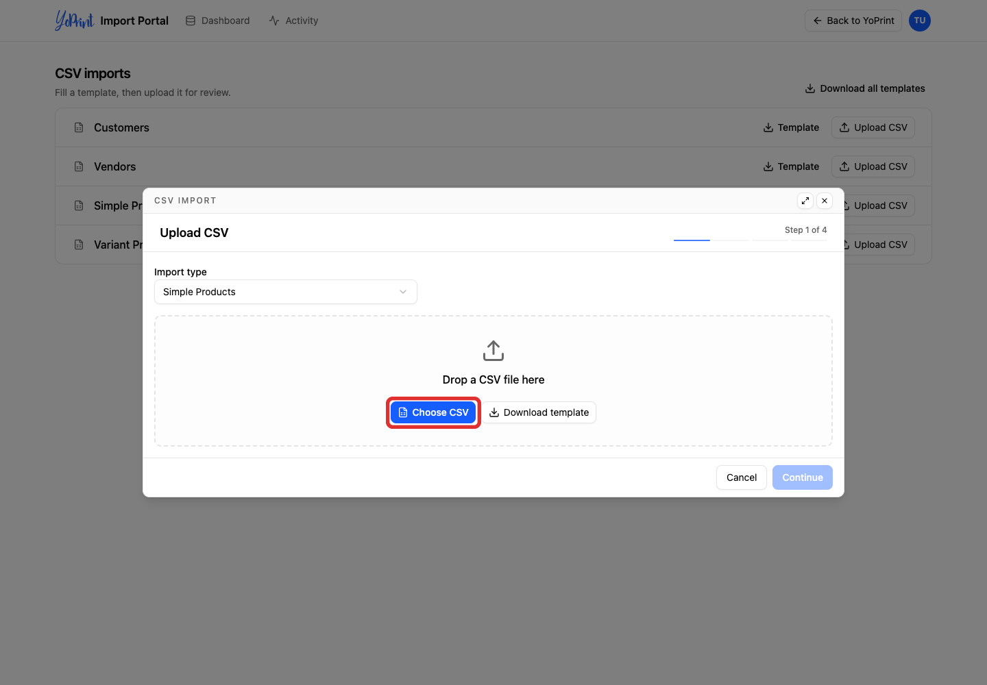 Choose the filled simple-product CSV