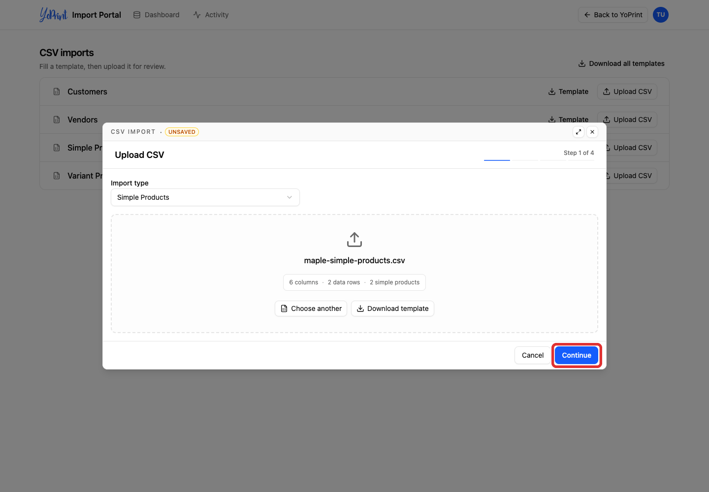 Continue with the selected simple-product file