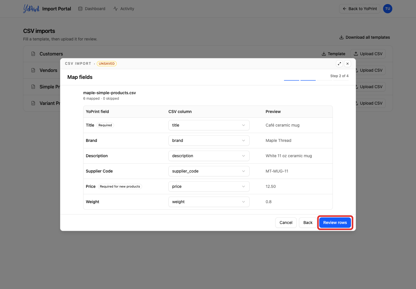 Review the matched simple-product columns