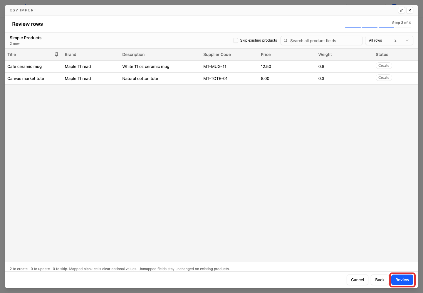 Review two new simple products before importing