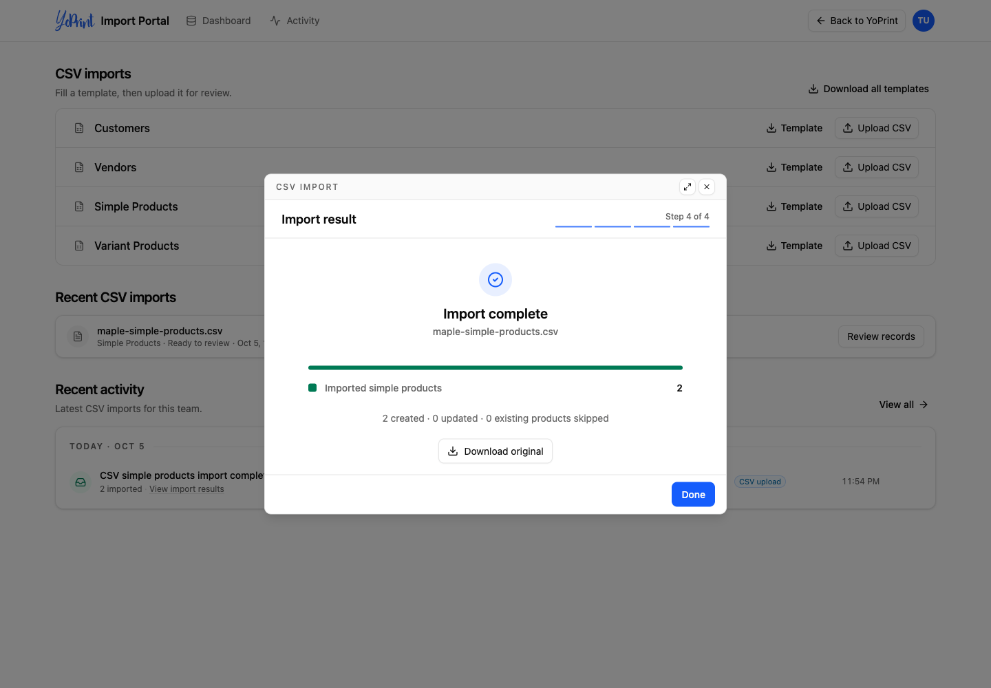 The completed simple-product import