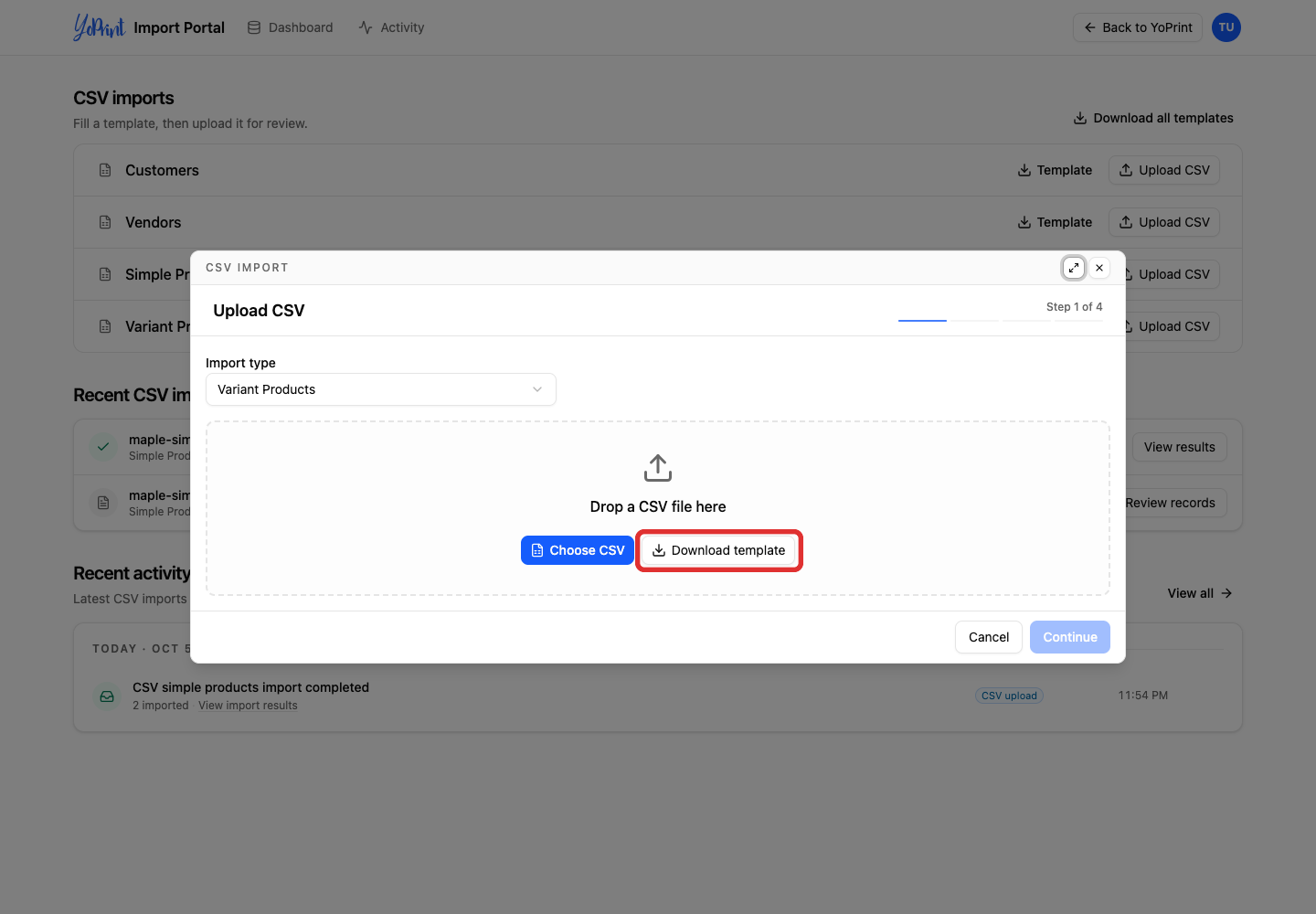 Download the variant-product template