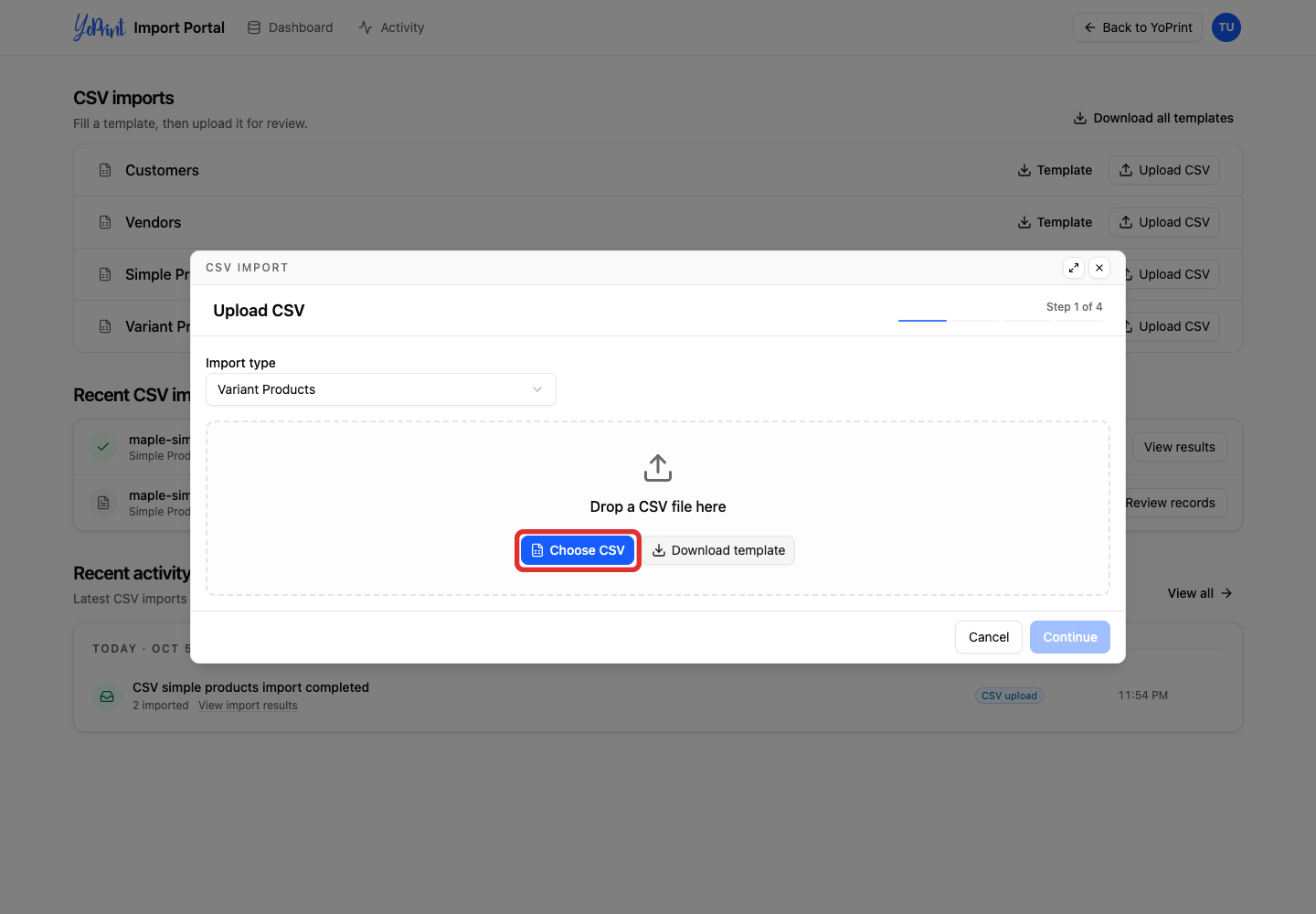 Choose the filled variant-product CSV