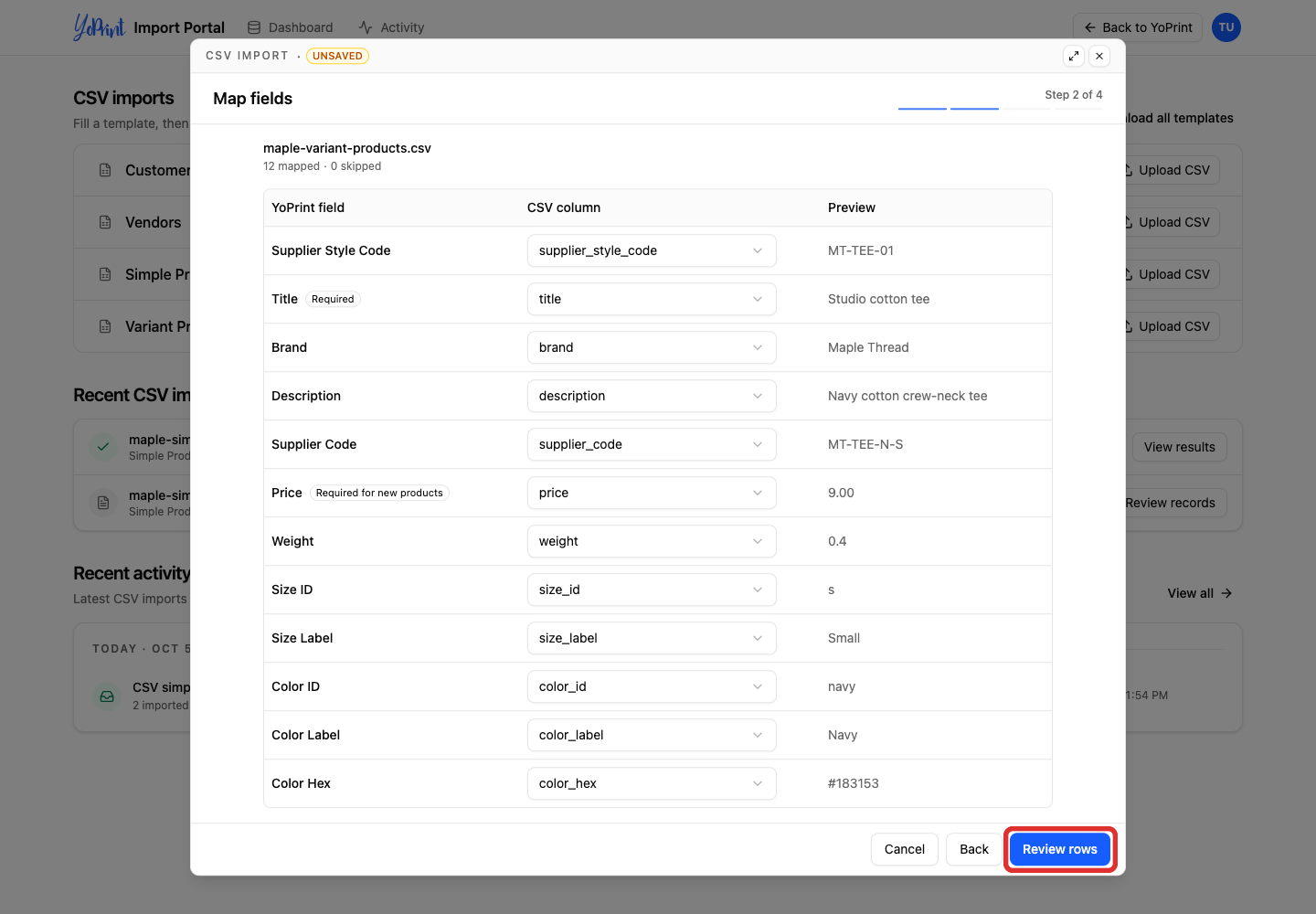Review the mapped variant-product fields