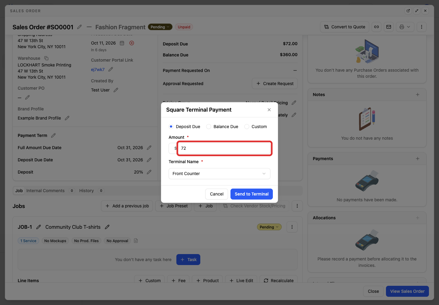 Amount in Square Terminal Payment
