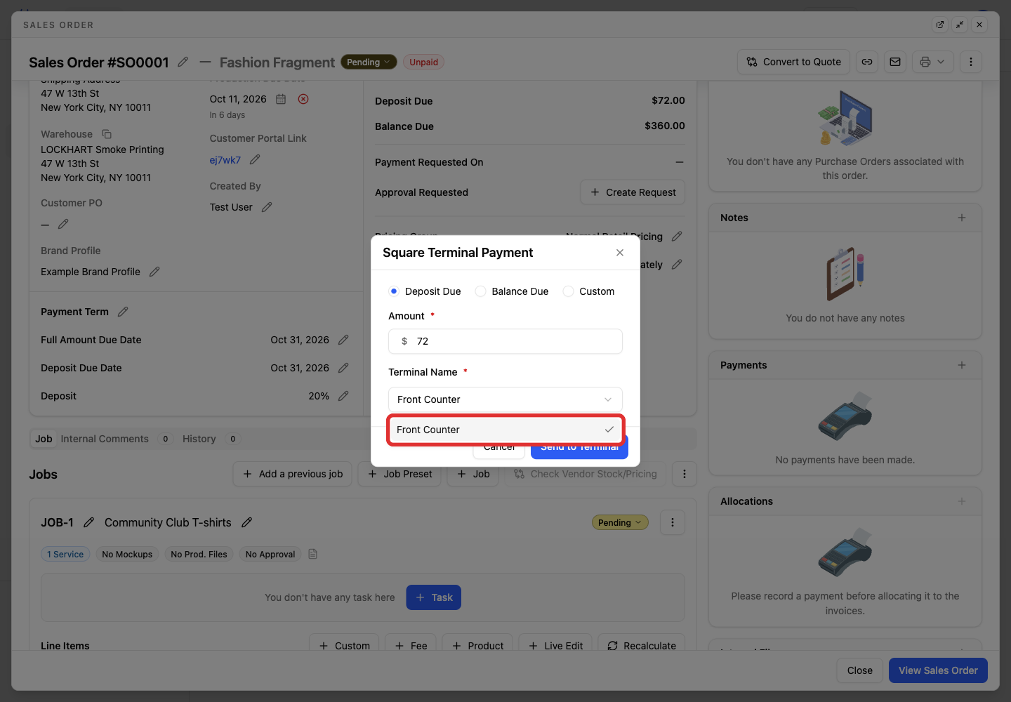 Front Counter in the Terminal Name menu