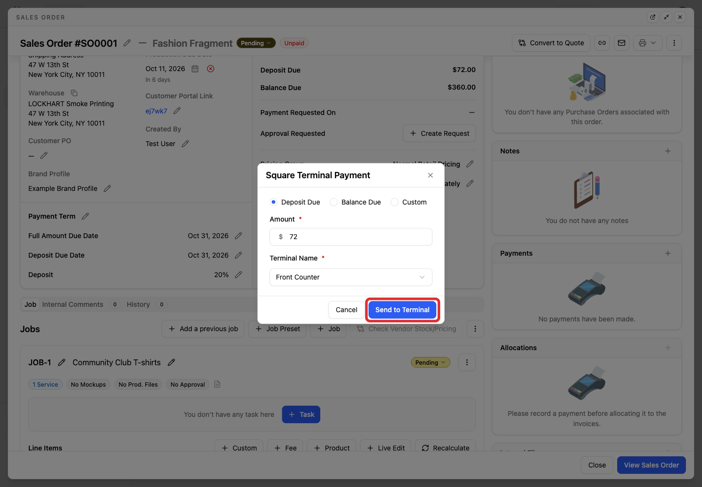 Send to Terminal with an amount and terminal selected