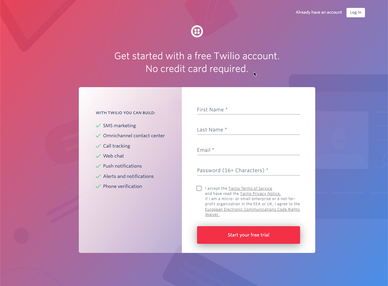 Twilio account registration form