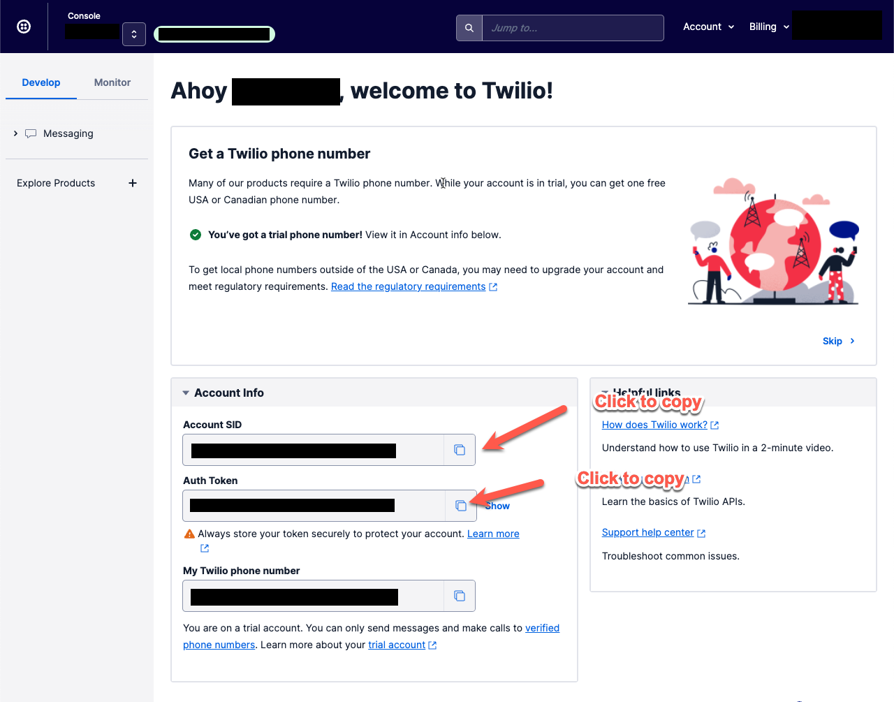 Account SID and Auth Token in Twilio, with values concealed