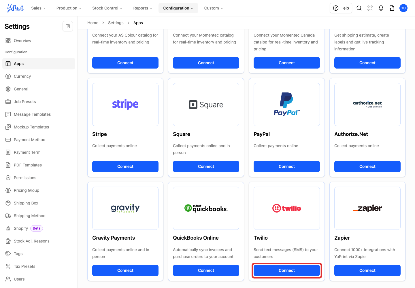 Connect on the Twilio card