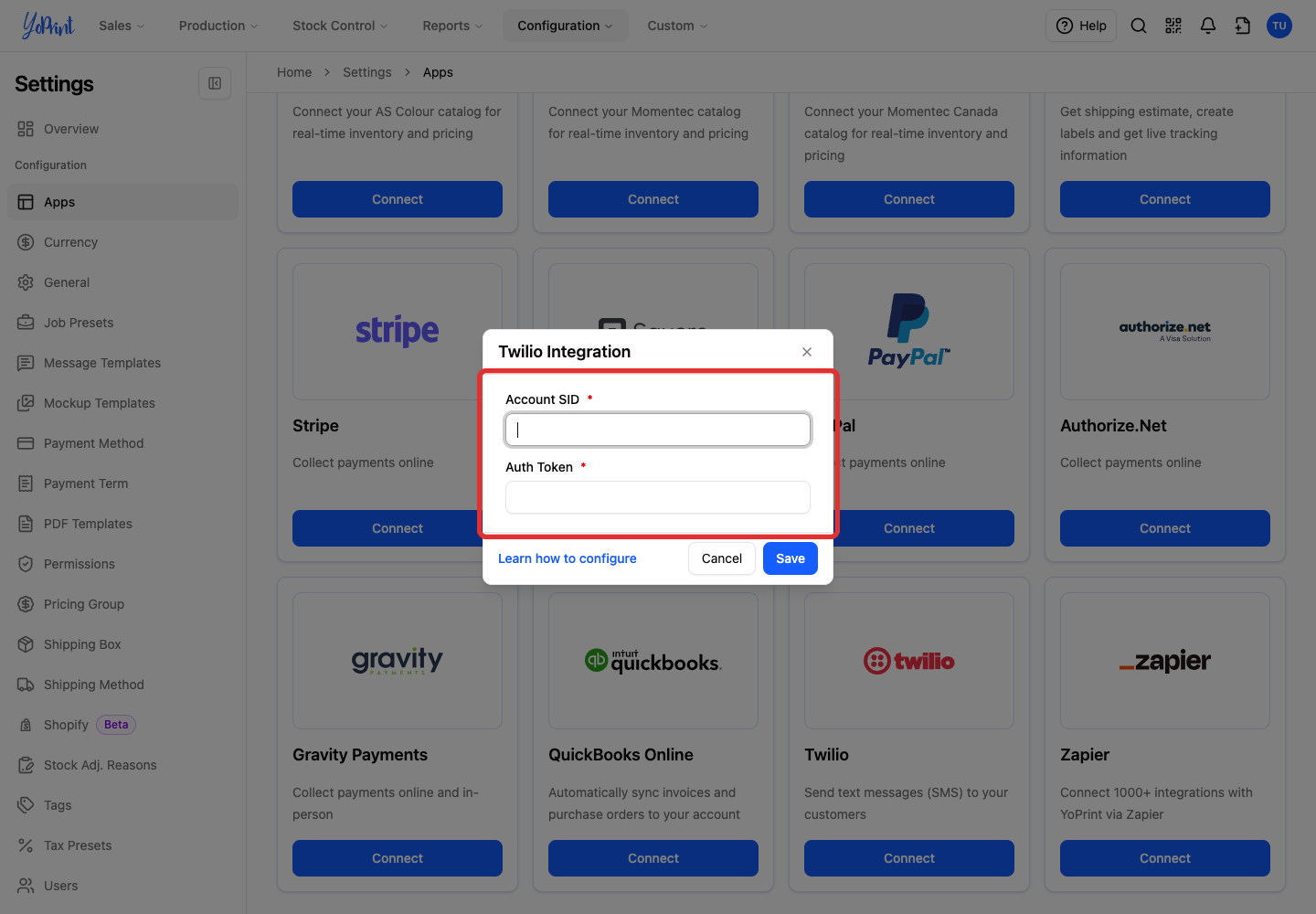 Empty Twilio connection fields