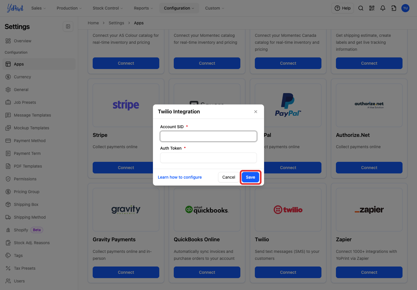 Save on the Twilio connection form