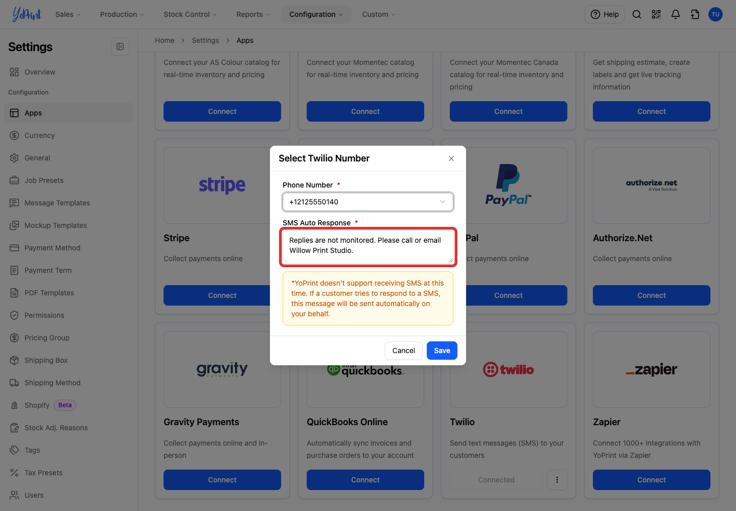SMS Auto Response field