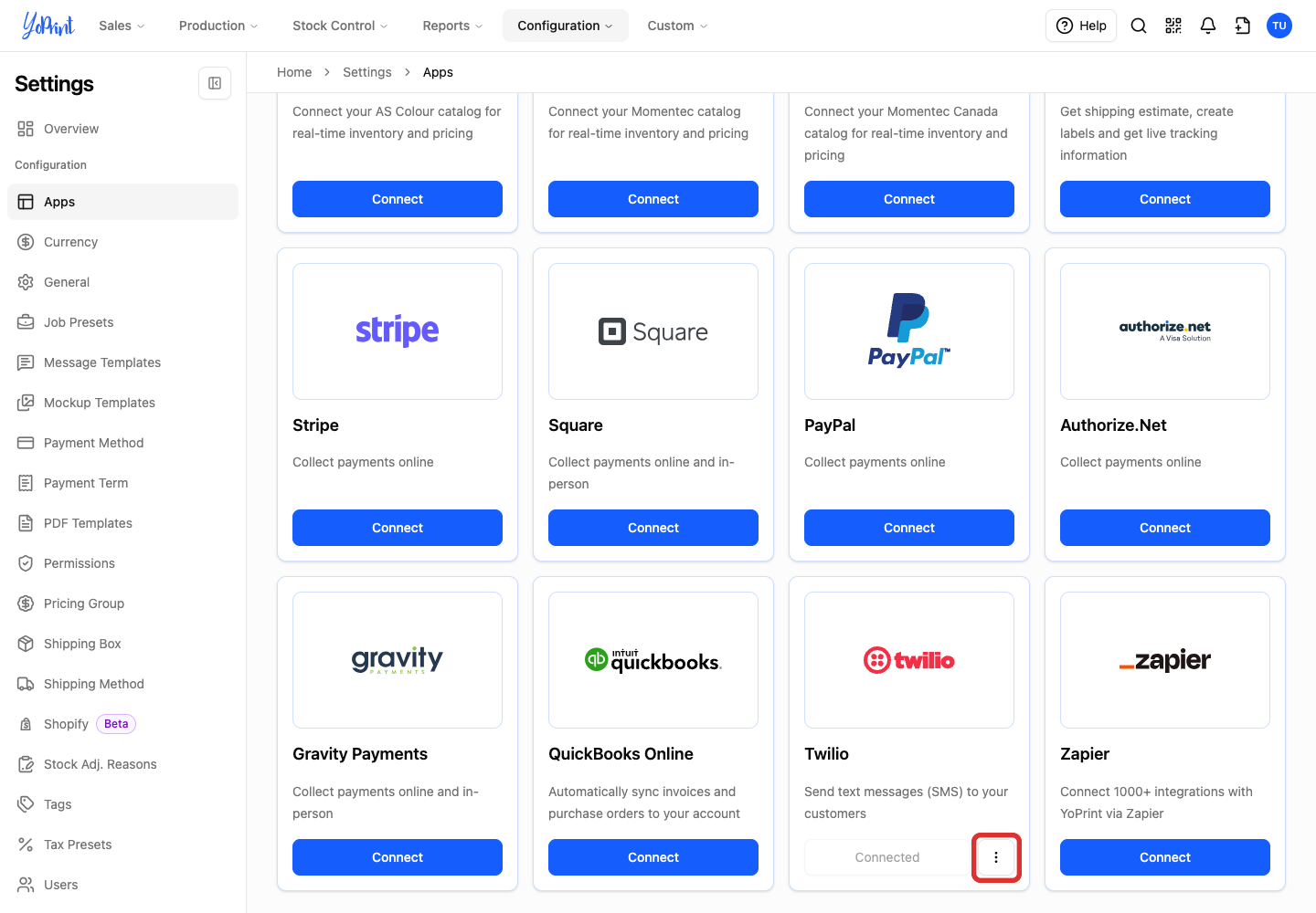 Twilio actions menu button
