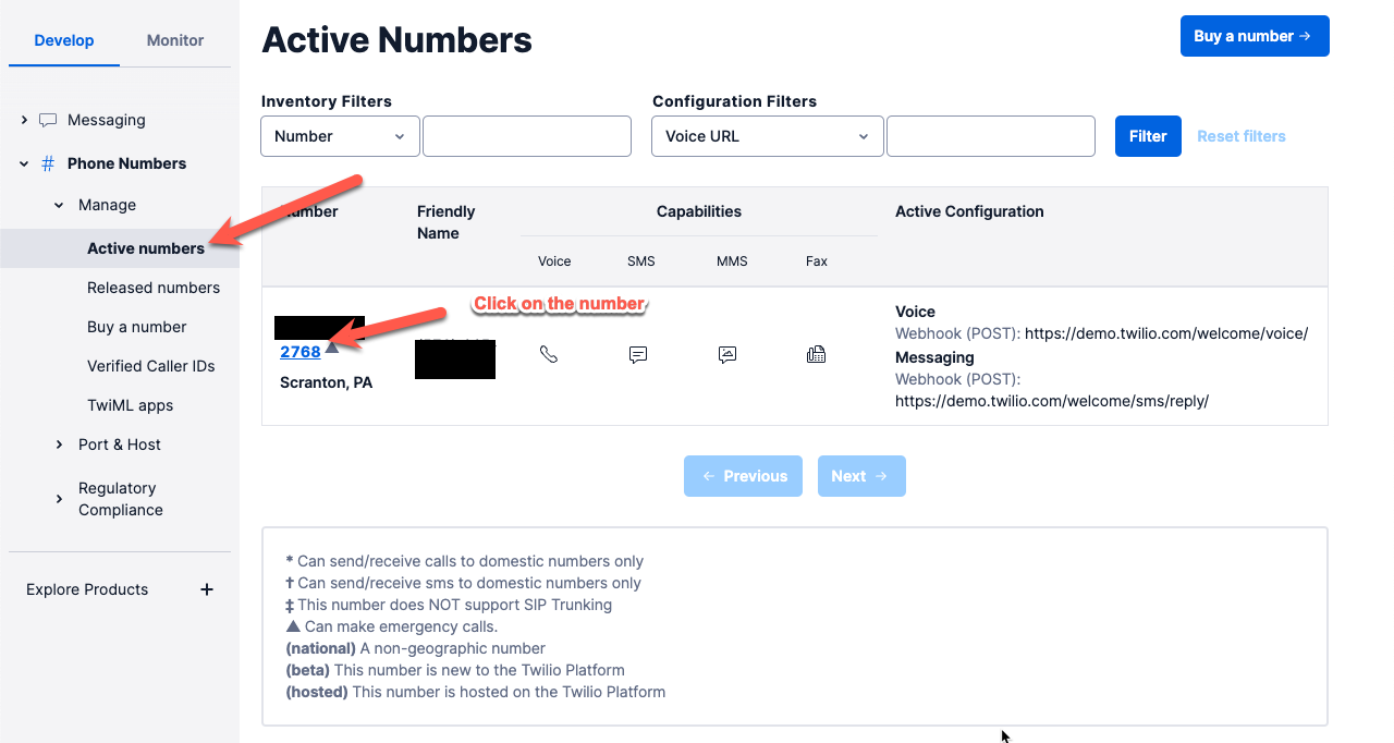 Active numbers in Twilio, with the account's number concealed