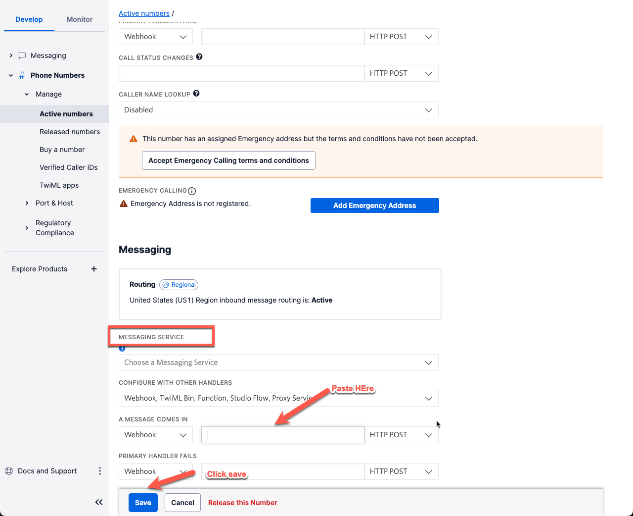 Incoming-message webhook settings in Twilio