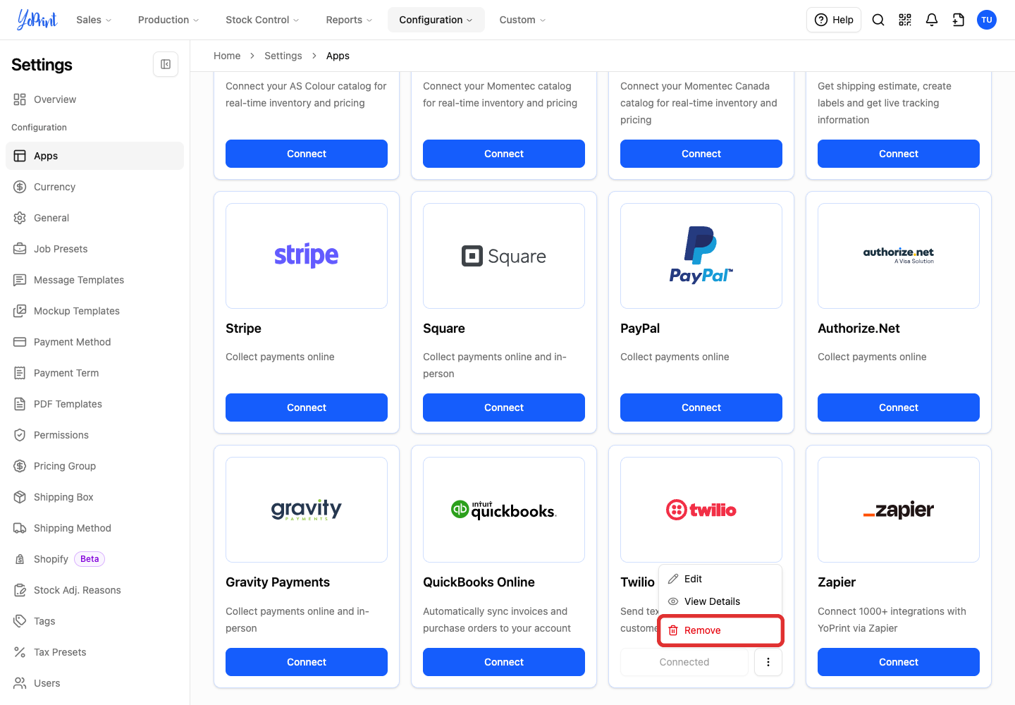 Remove in the Twilio menu
