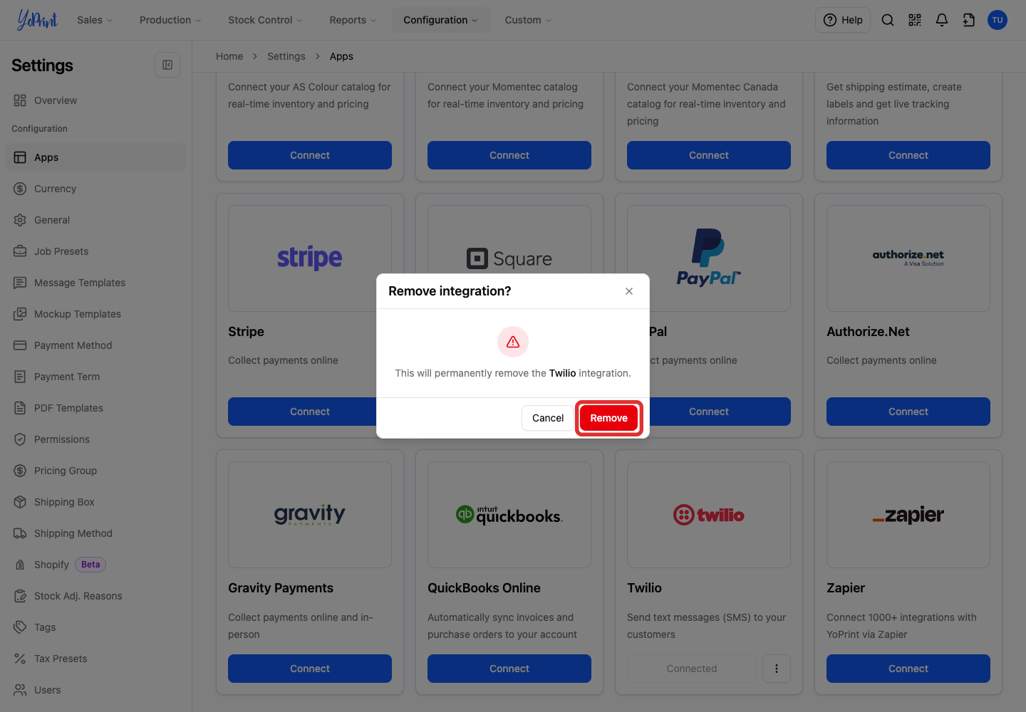 Confirm removal of the Twilio connection
