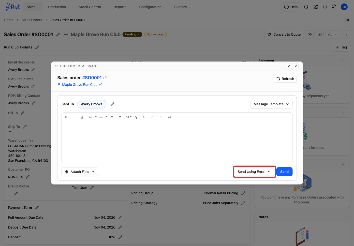 Sending method menu