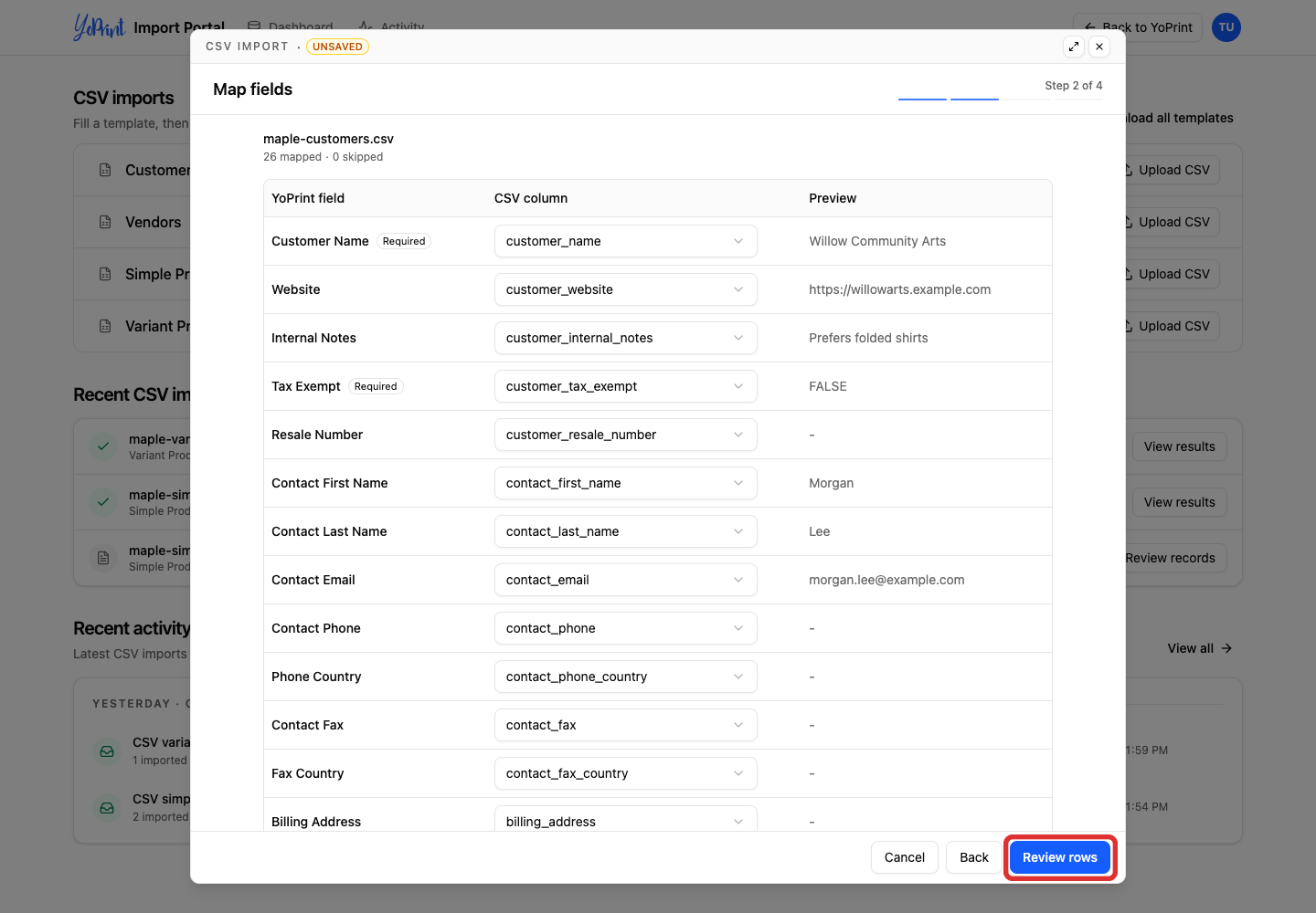 Review the mapped customer columns