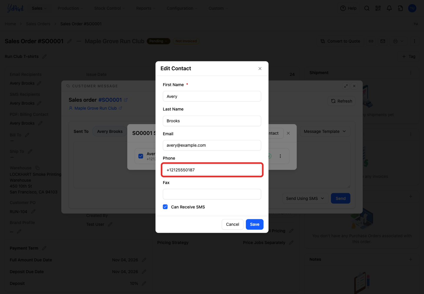 Phone field for a customer contact